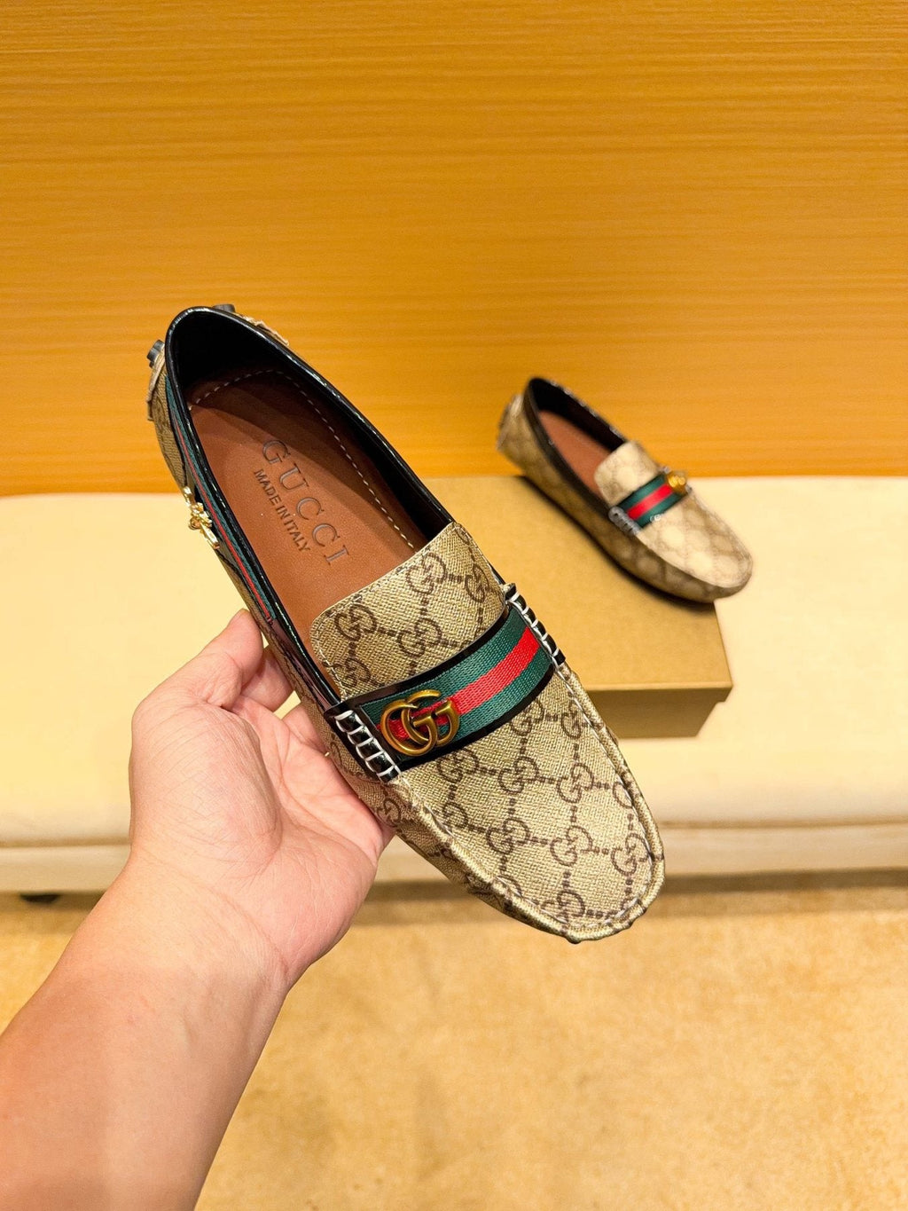 Gucci Beige Monogram Stripe Loafers